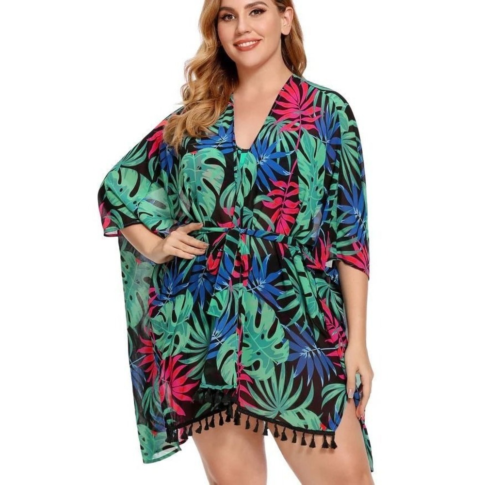 As Rose Rich Kimono Swim Cover Up Palms Tassel Fringe Wrap 1X NEW